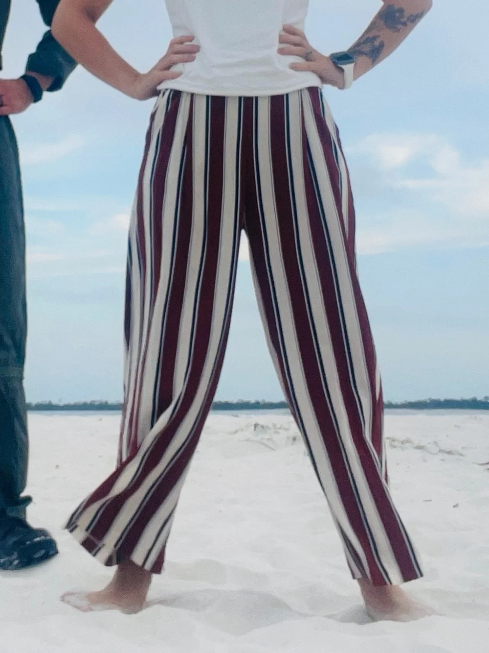 H&M Vertical Stripe Wide-Leg Pants in Burgundy & Cream